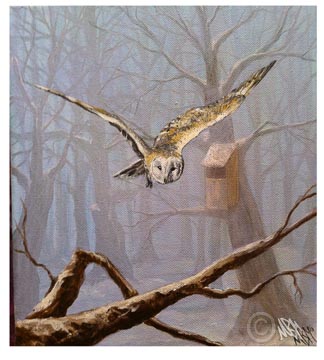 Painting of a Barn Owl in Winter Woodland by Mandi Baykaa-Murray