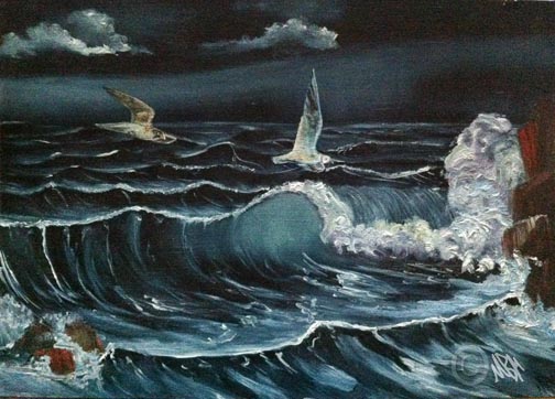 Painting of Peregrine Falcon chasing a Gull through a stormy seascape by Mandi Baykaa-Murray