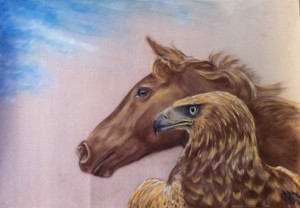 'Double Gold' Painting of a horse and an eagle by Mandi Baykaa-Murray