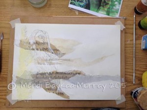 Collage materials in place and owl drawn in.